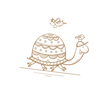 Card with cute cartoon  turtle on roller skates and birds. Sport walk. Children's illustration. Funny animals. Vector contour image no fill.