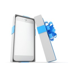 Smartphone in gift box. Isolated on white background. 3d rendering.
