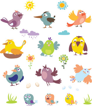Birds, a set of images, illustration, pattern, decor, spring, summer