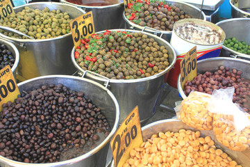 Various types of olives in Italian market