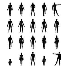 Full length front, back human silhouette set with marked body's