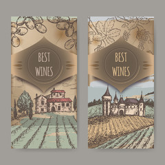 Two vintage wine labels with vineyard and castle color sketch.
