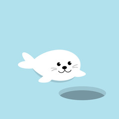 A Cute Baby Seal Pup cartoon character on blue background with Ice-hole. Harp seal pup invitation card Flat design Vector illustration.