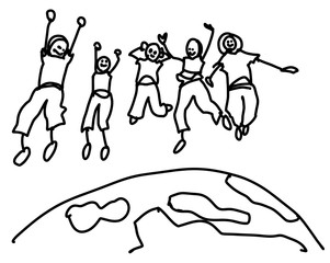 Sketched Doodle Kids Jumping over Earth