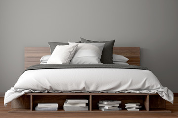 Schlafzimmer mit Doppelbett aus Holz - obrazy, fototapety, plakaty