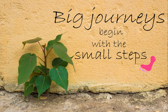 Word  Big journeys begin with the small steps.Inspirational motivational quote on old stone wall with tree for background