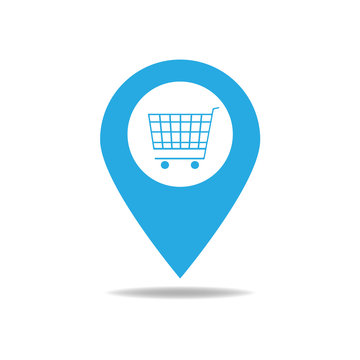 Map pointer with shopping cart icon.
