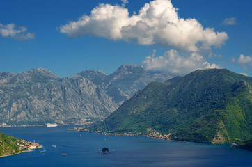 Obraz premium Beautiful landscape with Mediterranean town ,sea and mountains. Montenegro seashore, boats and yachts.
