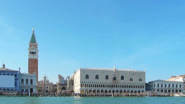 venice skyline seen from the sea tracking shot,shoreline and saint marc square 