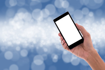 Hand holding smartphone with white background