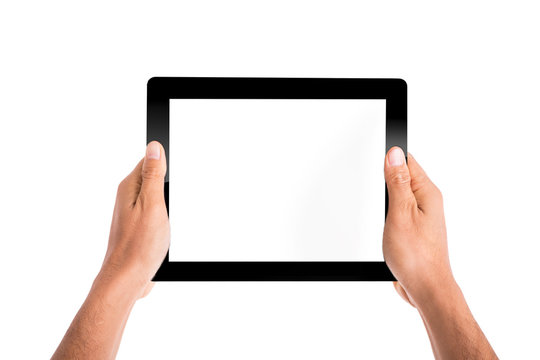 Hand holding tablet with white background