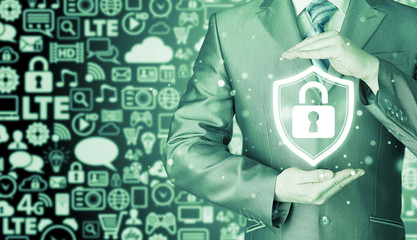 Data protection and insurance. Concept of business security, safety of information from virus, crime and attack. Internet secure system. Icons background. Communication, Internet.