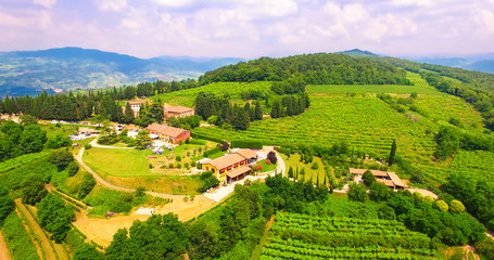 Fototapeta na wymiar Aerial view of Tenuta Coffele, an old farmhouse in the hills aro