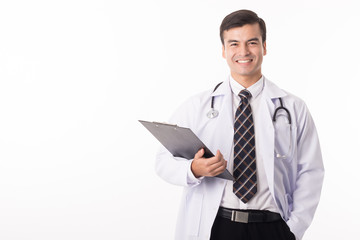 Fototapeta na wymiar Doctor holding clip board with white background