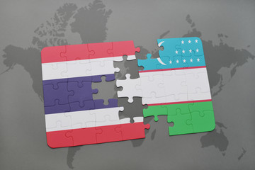 puzzle with the national flag of thailand and uzbekistan on a world map background.