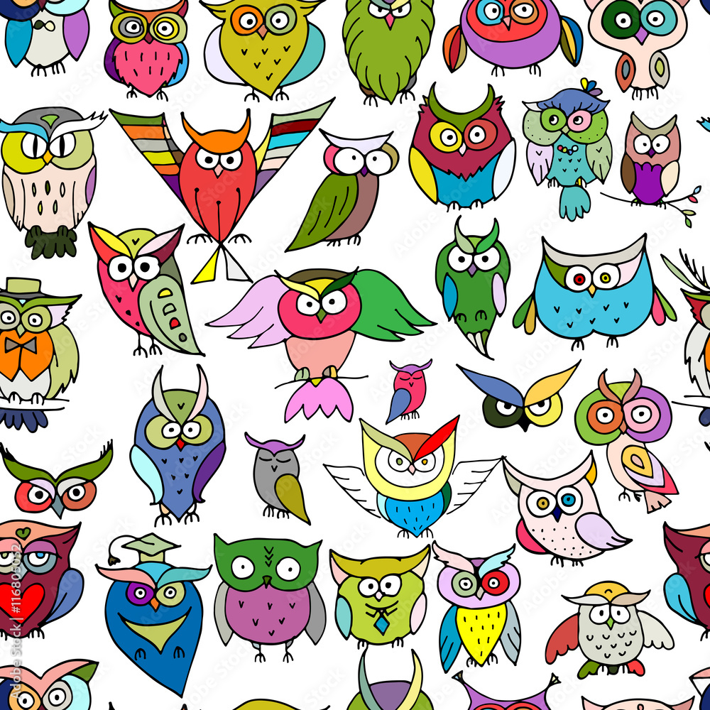 Poster funny owls, seamless pattern for your design