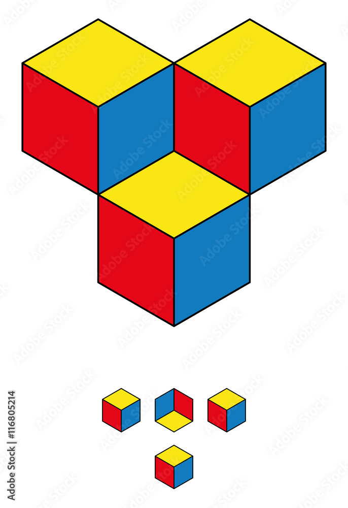Wall mural find the fourth cube! optical illusion with three cubes and the hidden fourth one in the upper half 