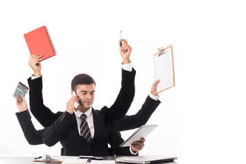 Multitasking businessman working handle many task