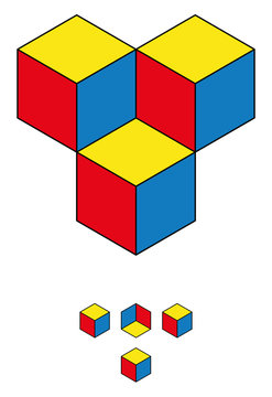 Find the fourth cube! Optical illusion with three cubes and the hidden fourth one in the upper half of the image. The solution is shown in the lower half. Geometrical illusion.