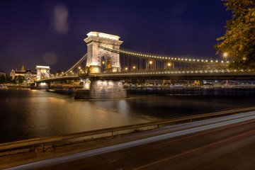 Night shot of Szechenyi Chain Bridge is a suspension bridge spans the River Danube of Budapest, the capital of Hungary.