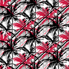 Seamless vector monochrome tropical pattern depicting white palm tree on a black background