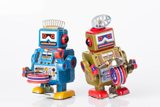 old classic robot toys, isolated on white