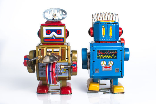 old classic robot toys, isolated on white