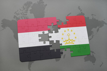 puzzle with the national flag of yemen and tajikistan on a world map background.