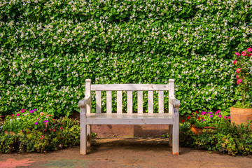 White bench with the green bush Background