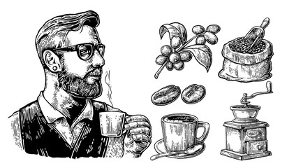 Hipster barista holding a cup of hot coffee Sack with coffee beans with wooden scoop and beans, cup, branch with leaf and berry.