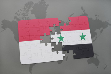 puzzle with the national flag of indonesia and syria on a world map background.