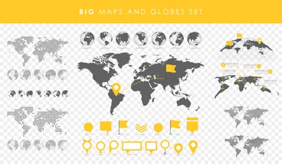 Poster Big set of maps and globes. Pins collection. Different effects. Transparent Vector illustration © vectorplus