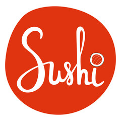 Sushi calligraphy, hand drawn lettering. Emblem of japanese food, fish snack, susi, exotic restaurant, sea products delivery. Vector