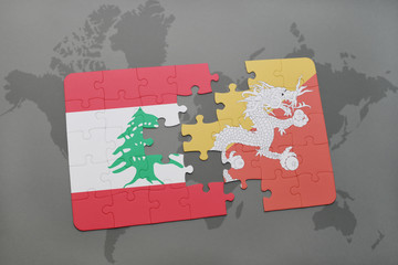 puzzle with the national flag of lebanon and bhutan on a world map background.