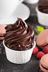 Chocolate cupcakes with thick and glossy frosting