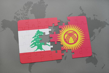 puzzle with the national flag of lebanon and kyrgyzstan on a world map background.