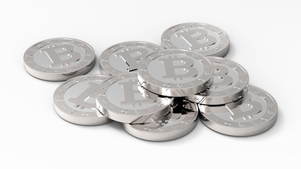 Stack of bitcoins isolated on white. 3D illustration.