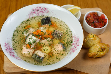 Soup on wooden background