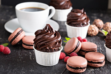 Chocolate cupcakes with thick and glossy frosting