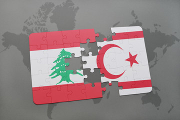 puzzle with the national flag of lebanon and northern cyprus on a world map background.