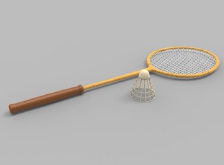 3d illustration of badminton racket and shuttlecock. grey background isolated. icon for game web. 