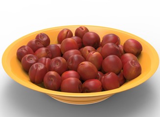 3d illustration of bowl with nectarines and peaches. white background isolated. icon for game web. with shadow. empty without anything. juicy fruits. summer vitamins. healthy food. 