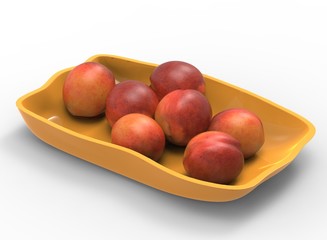 3d illustration of bowl with nectarines and peaches. white background isolated. icon for game web. with shadow. empty without anything. juicy fruits. summer vitamins. healthy food. 