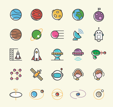 Set of 25 Minimalistic Solid Line Coloured Space Icons. Isolated Vector Elements.