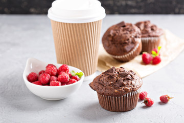Chocolate muffins with coffee to go