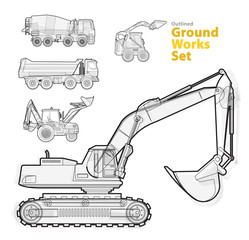 Big set of ground works machines vehicles, black and white wire composition. Construction machinery equipment for building. Truck, Digger, Small Bagger, Mix, Excavator, master vector illustration.