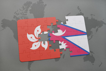 puzzle with the national flag of hong kong and nepal on a world map background.