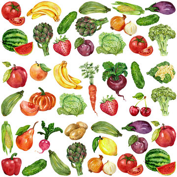 Watercolor set with fruits and vegetables