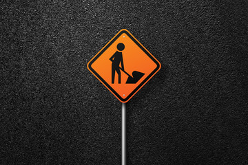 Road sign diamond shape with a picture of a worker on a background of asphalt. The texture of the tarmac, top view.
