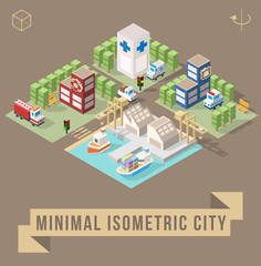 Set of Isolated Isometric Minimal City Elements. Town with Shadows.